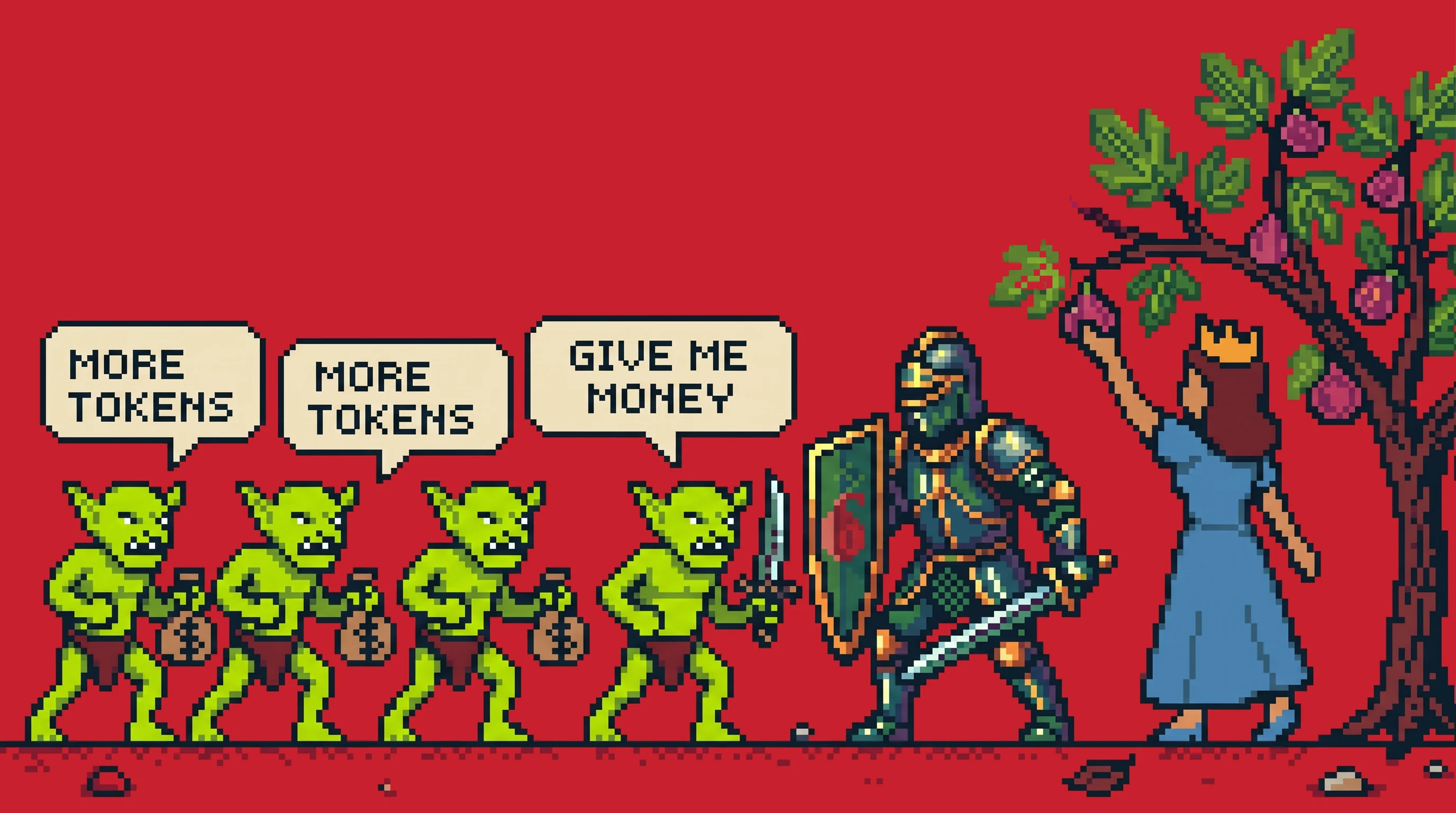 Figgshield the knight holds the line as greedy corporate tax goblins march with money bags on the crowned queen's fig harvest